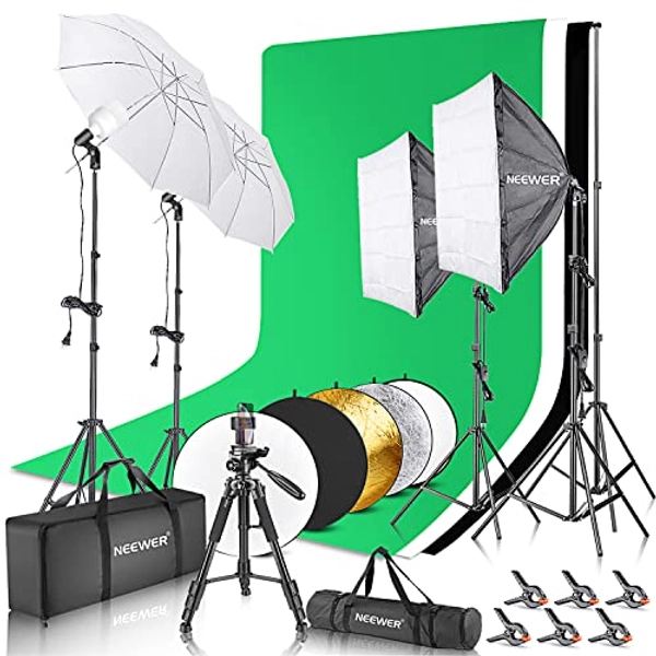 NEEWER Complete Photography Lighting Kit with Backdrops: 8.5ftx10ft Backdrop Stand/800W Equivalent 5500K Umbrellas Softbox Continuous Lighting Kit/42 inch Reflector/Tripod/Carry Bag for Studio