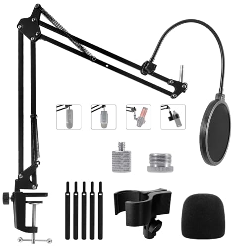 Brazo de Micrófono, Soporte de Micrófono Ajustable para Blue Yeti, HyperX QuadCast, Yeti Nano, Snowball, Elgato Wave y Más Micrófonos con Tornillo de 5/8" 1/4", Filtro Pop Antiviento, Micrófono Clip