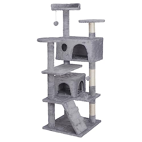 54in Cat Tree Tower for Indoor Cats Multi-Level Cat Condo Cat Bed Furniture with Scratching Post Kittens Activity Center - Light Grey