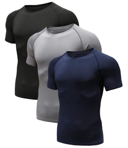 Men's (Pack of 3) Cool Dry Compression Short/Long Sleeve Sports Baselayer T-Shirts Tops - Black/navy/gray Small