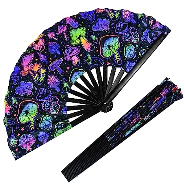 Rave Folding Fan, Large Rave Clack Folding Hand Fan UV Glow Rave Fan Festival Handheld Fan Silk Folding Fan Japanese Chinese Clack Fan for Music Party Drag Queene Dance Performance Decoration Gift