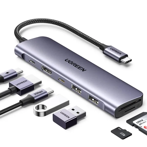 UGREEN HUB USB C, 7 en 1 Adaptador a HDMI 4K, USB C Puertos, 2 USB A 3.0, Lector Tarjeta SD TF, 100w PD Carga, USB C Hub Compatible con Macbook Pro Air M2 M1 iPad iPhone 16 Pro MAX Switch Galaxy DELL