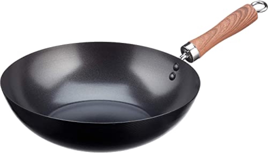 WECOOK! Carbono Wok Induzione 24 cm, Antiaderente Titanio QUANTANIUM Ecologico 3 Strati PFOA-Free, Acciaio al Carbonio, Manico in Simil Legno, Vitroceramica, Gas, Lavastoviglie - 24 cm