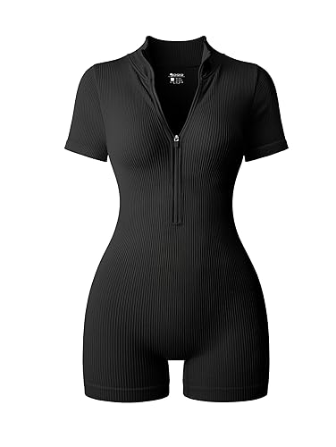 OQQ Women Rompers Ribbed Short Sleeve Zip Front Stretch Tummy Control Yoga Workout Rompers - Medium - Black