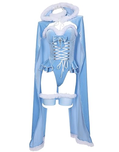 MEOWCOS Women's Bodysuit Queen Cosplay Costume Halloween Christmas Bodysuit Cape Set with Crown Cloak Gloves Socks - Medium - Blue