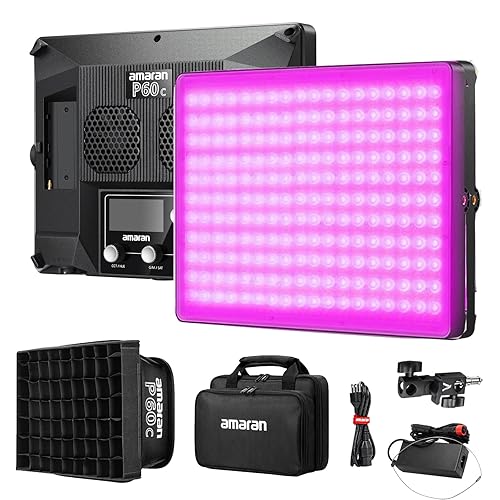 Aputure Amaran P60C RGBWW Video Panel Light,Color Temperature 2500K-7500K,60W,CRI95+/TLCI 96+,5900lux@1m,10 Light Effects,with Softbox,Support App