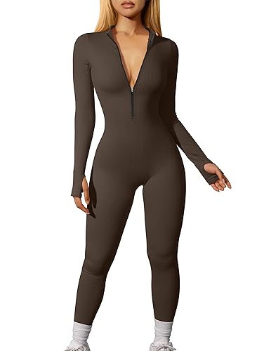 OQQ Women Yoga Jumpsuits Workout Ribbed Long Sleeve Zip Front Sport Jumpsuits - Medium - Darkbrown