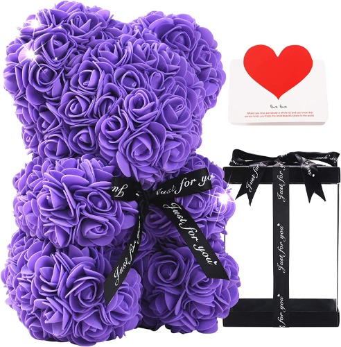 Gifts for Women - Rose Bear - Rose Flower Bear Hand Made Rose Teddy Bear - Gift for Valentines Day, Mothers Day, Wedding and Anniversary & Bridal Showers - w/Clear Clear Gift Box 10 Inch (Purple) - Purple