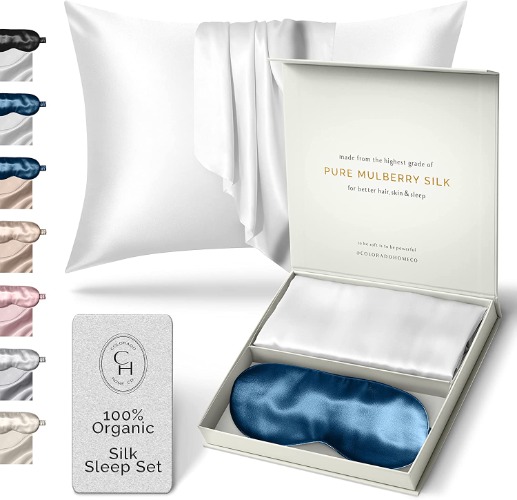 Silk Pillowcase for Hair and Skin, Silk Pillow Case, White Silk Pillowcase, 100 Silk Pillowcase Queen Size, Mulberry Silk Pillowcase Set of 2 Pieces with Midnight Blue Silk Sleep Mask Included - Queen Pillowcase & Eye Mask Set Pure White & Midnight Blue