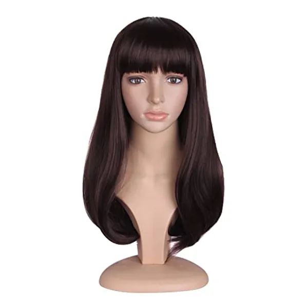 MapofBeauty Flat Bangs and Straight Hair Slightly Curled Wig (Dark Brown)