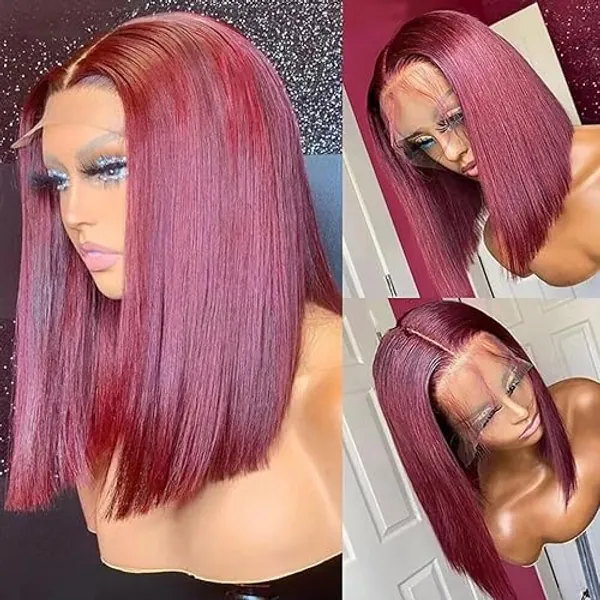 Synthetic Lace Front Wig Medium Part Heat Resistant Fiber Hair, Synthetic Bob Wig, Beautiful Short Straight Lace Front Wig 4x4 HD Free Part Women's Wig 150% Density (Color : Burgundy, Size : 16inche