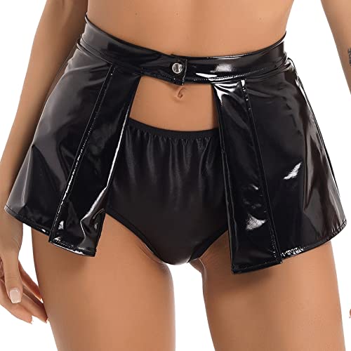 Agoky Women's PVC Leather Wet Look Mini Skirt Open Front Clubbing Pole Dance Flared Pleated Skirts - XXL - Black
