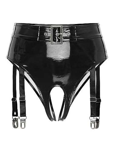 CHICTRY Women PVC Leather High Waisted Booty Shorts Open Crotch Panties Knickers with Garter Clips - XL - Black