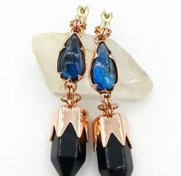 Blue Labradorite with Black Agate Ear Weights