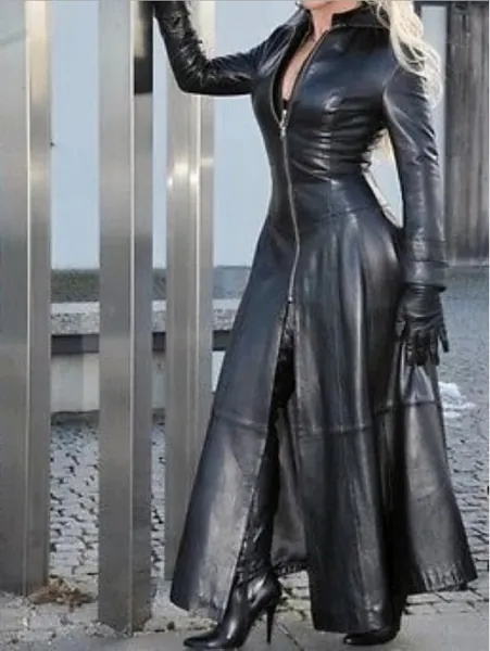 Stylish Ladies Long Genuine Leather Coat Stand Up Collar Slim Fit Biker Jacket Trench