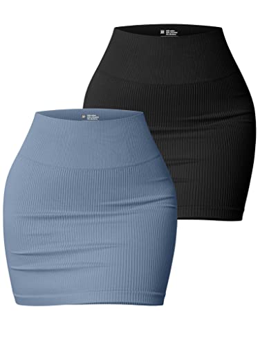 OQQ Women's 2 Piece Skirts Basic Versatile Stretchy Ribbed Casual High Waist Mini Skirt - Medium - Black Haze Blue