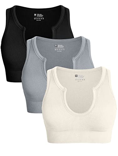 OQQ Women's 3 Piece Medium Support Crop Top Seamless Ribbed Removable Cups Workout Yoga Sport Bra - Black Grey Beige - Large