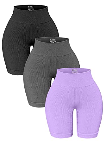 OQQ 3 Pack High Waisted Yoga Shorts for Women Ribbed Seamless Tummy Control Workout Athletic Shorts - Black Grey Coffee Medium