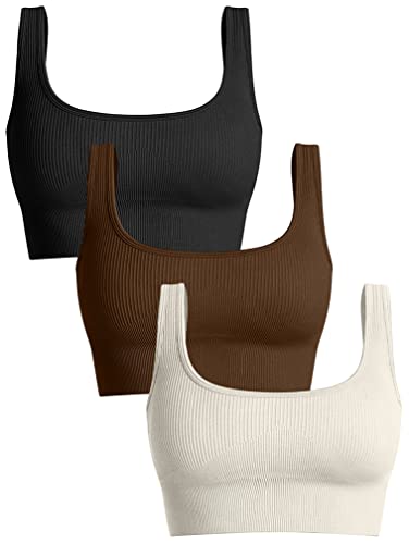 OQQ Women's 3 Piece Medium Support Tank Top Ribbed Seamless Removable Cups Workout Exercise Sport Bra - Black Coffee Beige - Large