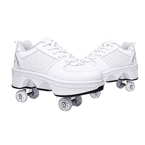 Double-Row Deform Wheel Automatic Walking Shoes Invisible Deformation Roller Skate 2 in 1 Removable Pulley Skates Skating Parkour - Low Waist Silver - US 7