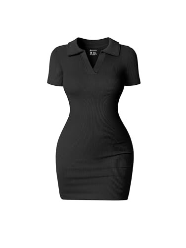 OQQ Women's Mini Dresses Sexy Ribbed Short Sleeve Tummy Control Bodycon Mini Dress - Black - Small