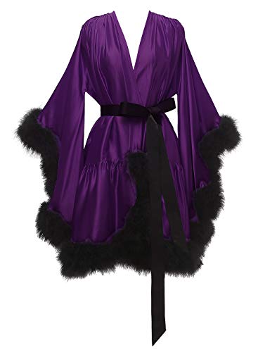 Yexinbridal Feather Fur Robe Silk Satin Bridal Dressing Gown Sexy Illusion Lingerie Nightgown Bathrobe Sleepwear - Large-X-Large - Plum+black