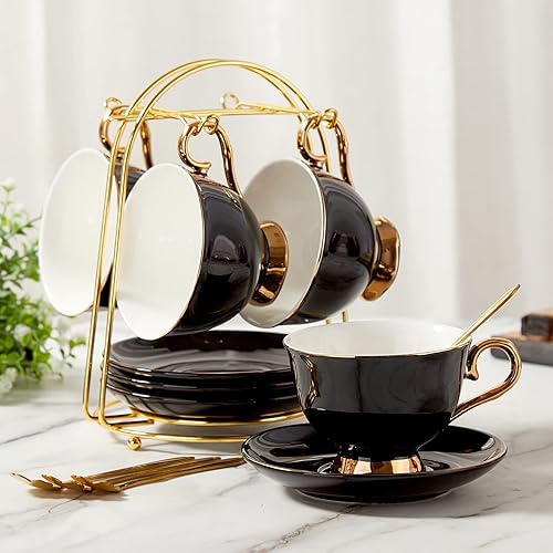 DUJUST Tea Cups and Saucers Set of 4 (220ml / 7.4oz), Luxury Tea Cup Set with Golden Trim, Black Coffee Cups with Metal Stand, British Porcelain Tea Party Set - Black - Black