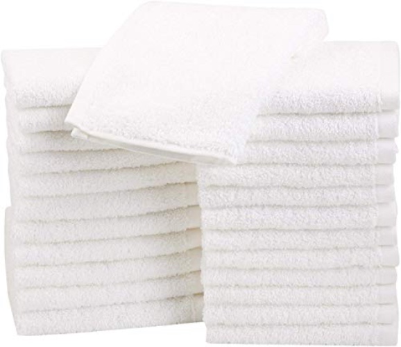 Amazon Basics washcloth for bathroom, 100% Cotton Extra Absorbent , Fast Drying - salon towels - 24-Pack, White, 12 x 12 inches - White - 24 Pack
