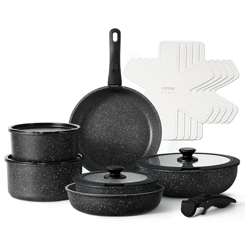 CAROTE 17pcs Pots and Pans Set Detachable Handle, Nonstick Cookware Set with Removable Handle,RV Kitchen Set, Oven Use, Camping Use, Midnight Black Granite - 17 pcs Granite Set - Midnight Black