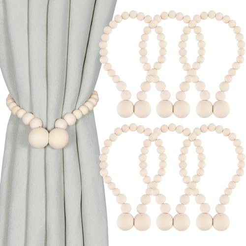 KLOGTSIND Magnetic Curtain Tiebacks, Curtain Tie Backs for Curtains 6 Pack, Wood Bead Curtain Tiebacks, Curtain Holders for Boho Bedroom Decor, Baby Nursery Decor, Farmhouse Decor - Wood Color - 6