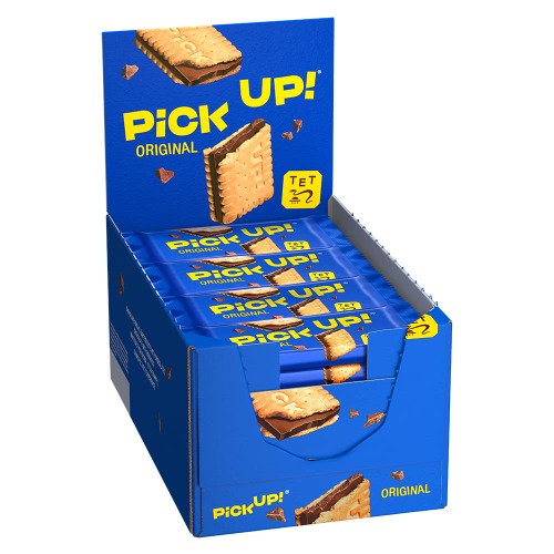 PiCK UP! Original (24 x 28 g), Riegel mit knackiger Milchschokoladentafel zwischen zwei knusprigen Keksen, der Snack für unterwegs, Thekenaufsteller mit 24 Stück - Choco 28 g (24er Pack)