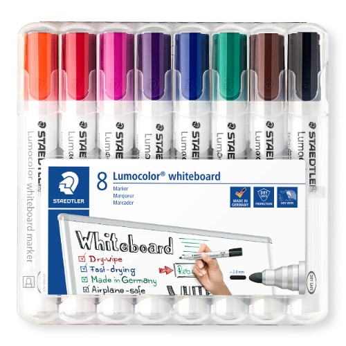 STAEDTLER Whiteboard-Marker Lumocolor, trocken und rückstandsfrei abwischbar von Whiteboards, ca. 2 mm Linienbreite, hohe Qualität, Rundspitze, Set mit 8 Farben, 351 WP8 - 8 Marker 1 Stück