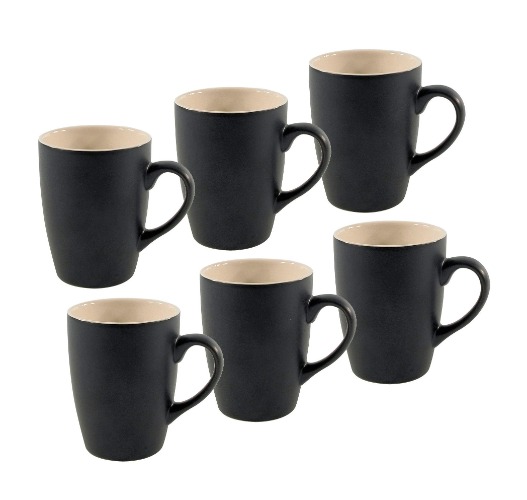 Kaffeebecher 6er Set je 340 ml - schwarz matt / innen beige - Kaffeebecher mit Henkel - Tee Becher Kaffee Tasse aus Porzellan - Schwarz / Beige