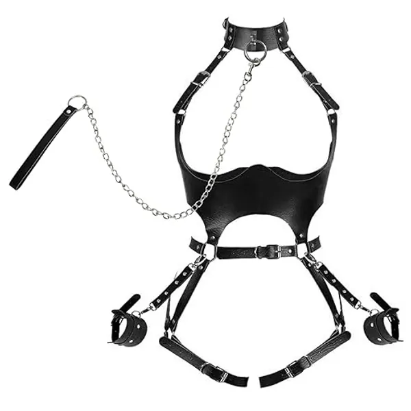 Sex Bondage BDSM Kit Restraints Set, Adjustable Restraint Harness Kit with Leash Wrist Cuffs and Waist Garter Belt Full Body Harness