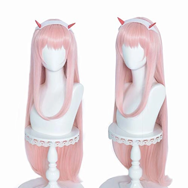 LABEAUTÉ Pink Wig Pastel Pink Wig for Women Long Straight Hot Pink Anime Cosplay Wig with Horn-39 Inch