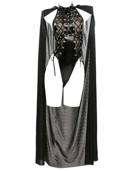 MEOWCOS Women's Bodysuit Gothic Dark Witch Style Lingerie Set with Cloak and Witch Hat