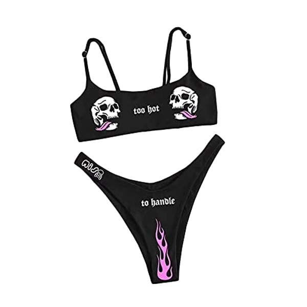 Funny Bikini Sets for Women, Cheeky Graphic Punk Goth Lingerie Crop Bra Top and High Waisted Thong Brief Swimwear