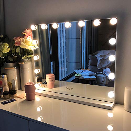 FENCHILIN Vanity Mirror with Lights, Hollywood Lighted Makeup Mirror with 15 Dimmable LED Bulbs for Dressing Room & Bedroom, Tabletop or Wall-Mounted, Slim Metal Frame Design, White - A-white