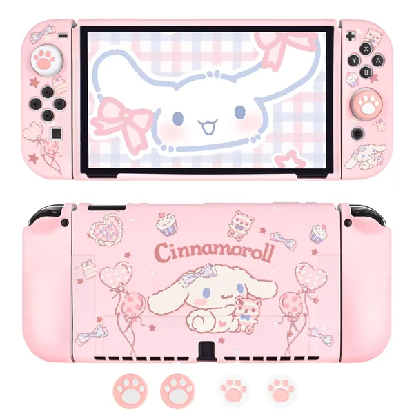 DLseego Housse de Protection pour Nintendo Switch OLED, Housse TPU avec 4 Poignées de Pouce, Absorption des Chocs et Design Anti-Rayures, Accessoires pour Switch OLED2021 - Rose Chien des Nuages