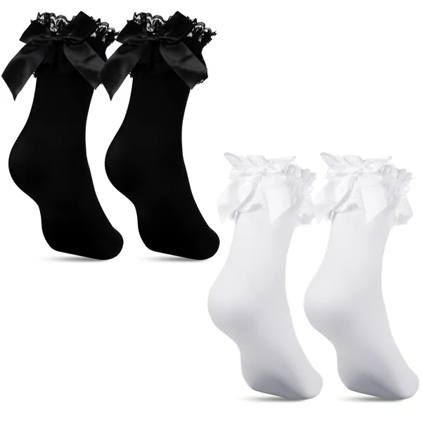 Geyoga 2 Paires Chaussettes de Cheville à Volants Noir Blanc avec Nœud en Dentelle