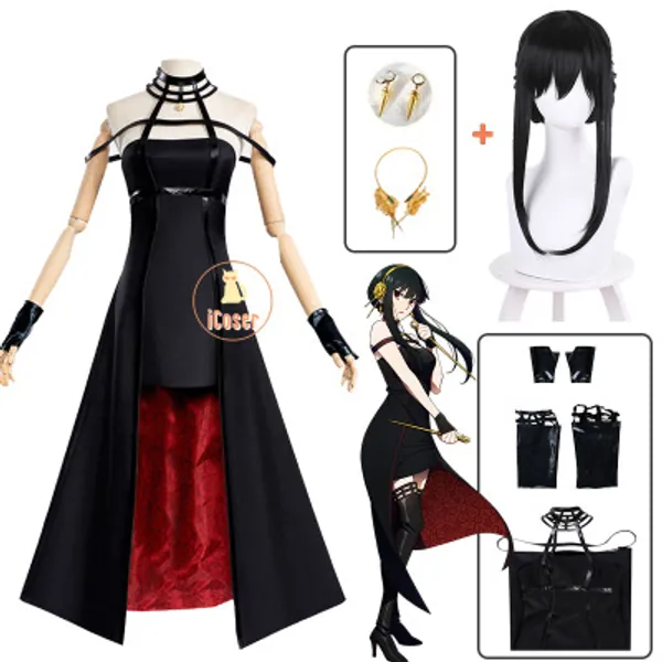 27.11US $ 46% de réduction|Perruque Costume Cosplay pour femmes, perruque, ensemble jupe rouge, noir, boucle d'oreille longue, vêtements de fête | AliExpress
