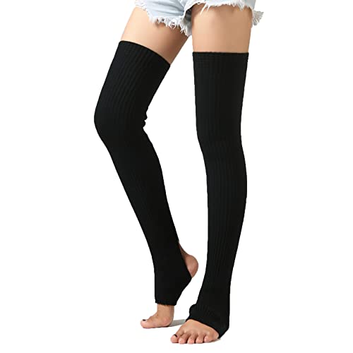 Women Girls Knitting over Knee Socks Thigh High Footless Stirrup Leg Warmers Winter Warm Long Boot Socks Knee High Legging Socks Thermal Long Leg Sleeve Protector Stocking for Yoga Ballet Dance - Black