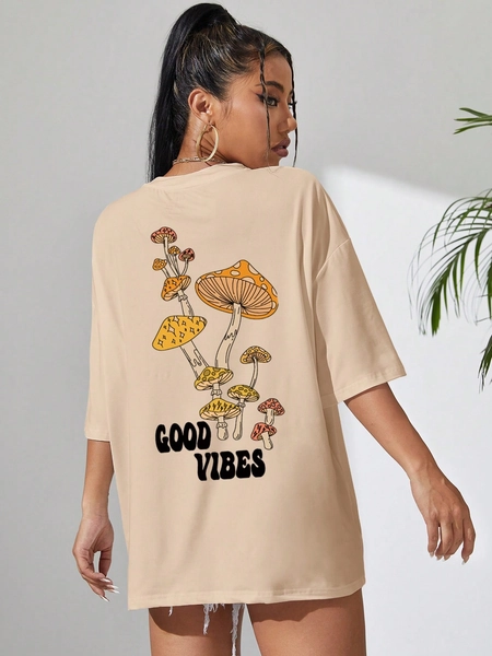SHEIN EZwear Mushroom And Letter Graphic Drop Shoulder Oversized Tee