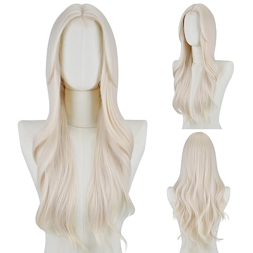 FREE BEAUTY Long platinum Blonde Wavy Wig for Women 26 Inch Middle Part Curly Wavy Wig Natural Looking Synthetic Heat Resistant Fiber Wig for Daily Party Use - platinum