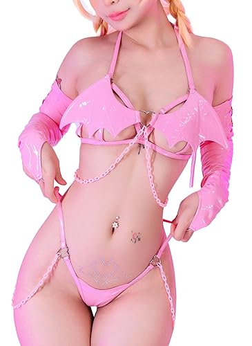 MOEFLAVOR Pastel Succubus Cosplay Lingerie Costume | Sexy Kawaii Anime Adjustable Outfit | Reg & Plus Size - 2XL/3XL - Pink