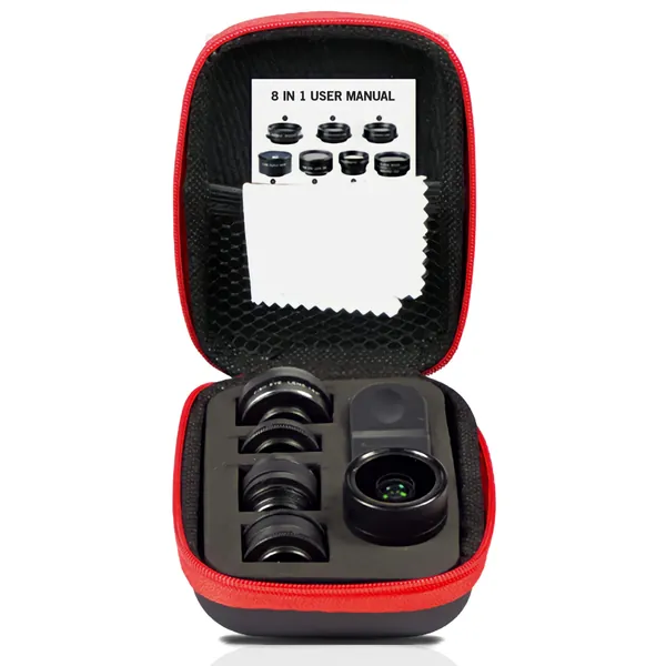 Adcom 8 in 1 Mobile Phone Camera Lens Kit for 0.36x, 0.63x Wide Angle Lens, 2X Telephoto, Kaleidoscope, Starburst, 198 Fisheye, 15x Macro Lens, CPL Universal Clip-On Cell Phone Travel Lens (Black)