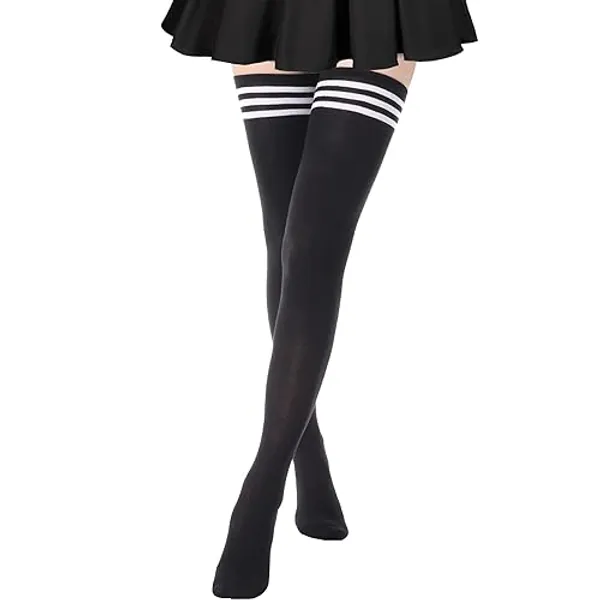 AQOKKA Extra Long Thigh High Socks for Women Long Cotton Boot Thigh High Stockings Striped Over Knee High Socks Leg Warmers - Extra Long Size - 1 Pair Extra Long: Black With Stripe B