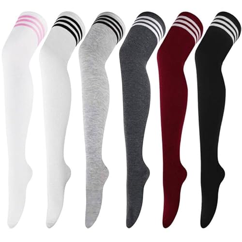 DRESHOW 6 Pairs Extra Long High Thigh Socks Striped Over Knee Thin Tights Long Stocking for Women Leg Warmer - Extra Long - 6 Pairs Extra Long: Black, White, Gray, Light Gray, Wine Red, Pink