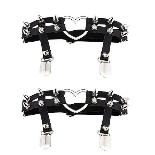 Jurxy 2PCS Gothic Studded Heart Garters Leg Ring Leg Elastic Punk Harness Garter Belt Adjustable Suspender with 2 Metal Clips – Black