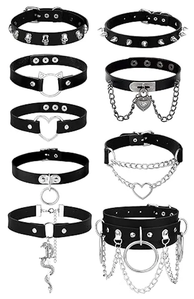 HAIAISO 6-9Pcs Leather Choker Black Punk Goth Choker Necklace Love Heart Spiked Choker Adjustable Pu Choker Collar for Women - 9Pcs